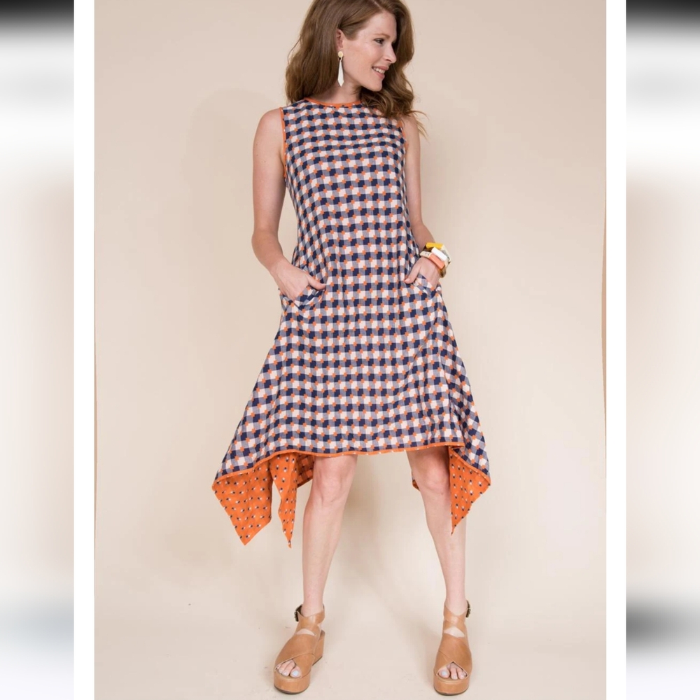 Uncle Frank Navy and Orange Geometric Midi Dress